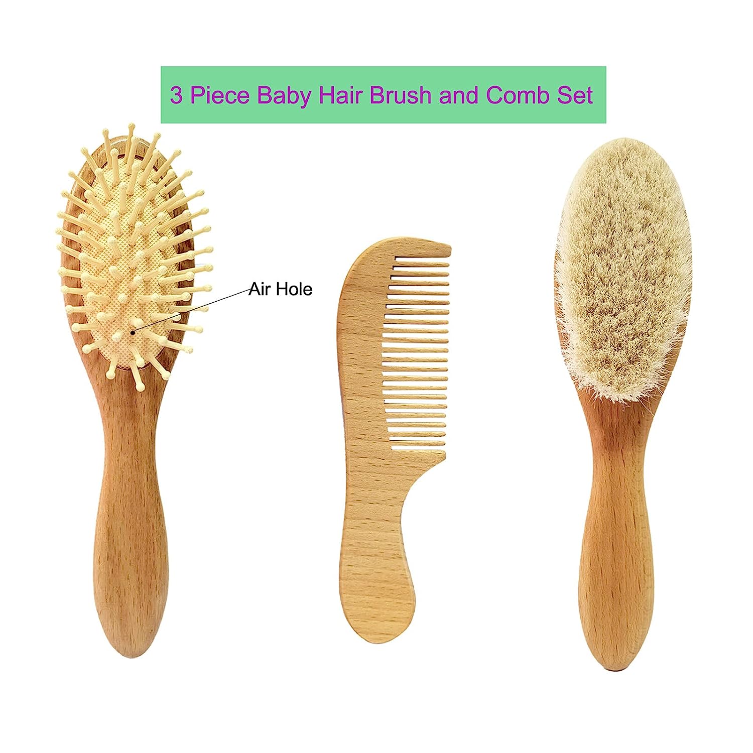 Molylove 3 Piece Baby Hair Brush and Comb Set for Newborn  Toddlers  Natural Wooden Hairbrush with Soft Goat Bristles for Cradle Cap - Perfect Scalp Grooming Product for Infant, Toddler, Kids, Baby - Image 2
